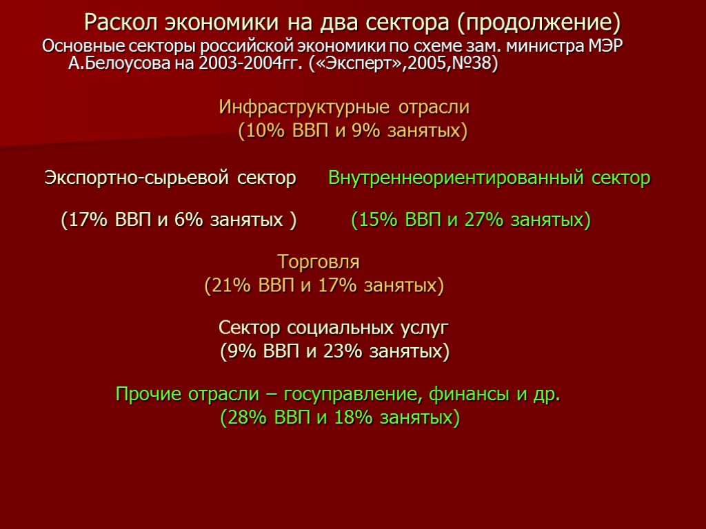 Раскол экономики на два сектора (продолжение) Основные секторы российской экономики по схеме зам. министра